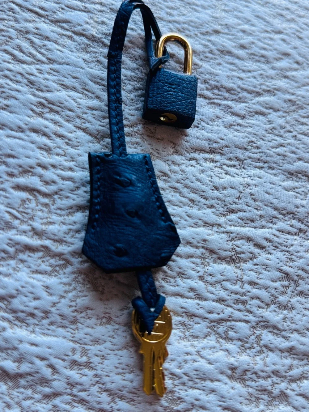 Hermes B 25 Ostrich Navy Leather Key Holder with Gold Padlock no scratches